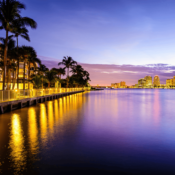 palm beach at night on water